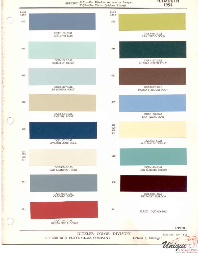 1954 Plymouth Paint Charts PPG 1